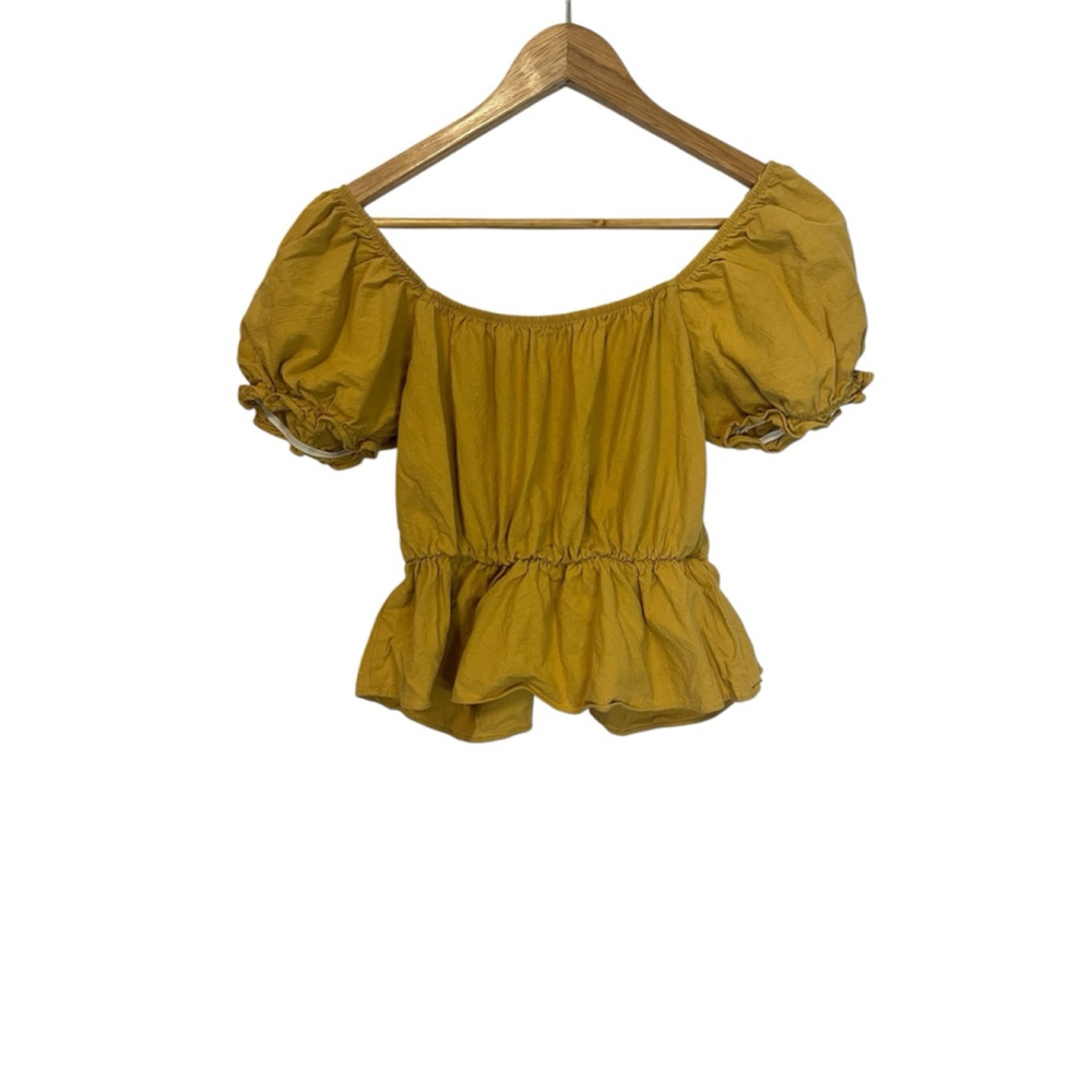 Sienna Sky Mustard Peplum Puff Sleeve Tie Front Cottagecore Top Medium - Picture 5 of 11